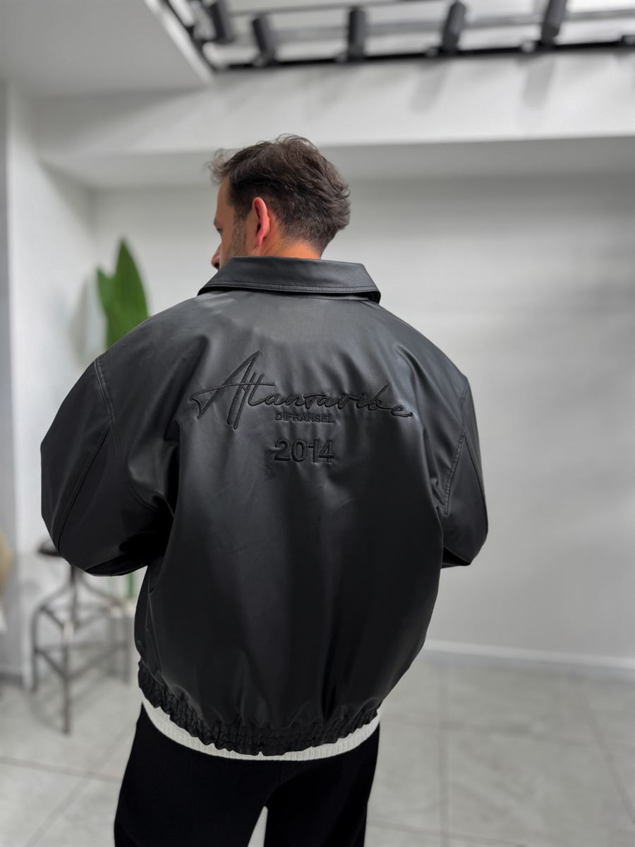 Black Back Embroidered Leather Bomber Jacket DF-3525