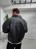 Black Back Embroidered Leather Bomber Jacket DF-3525