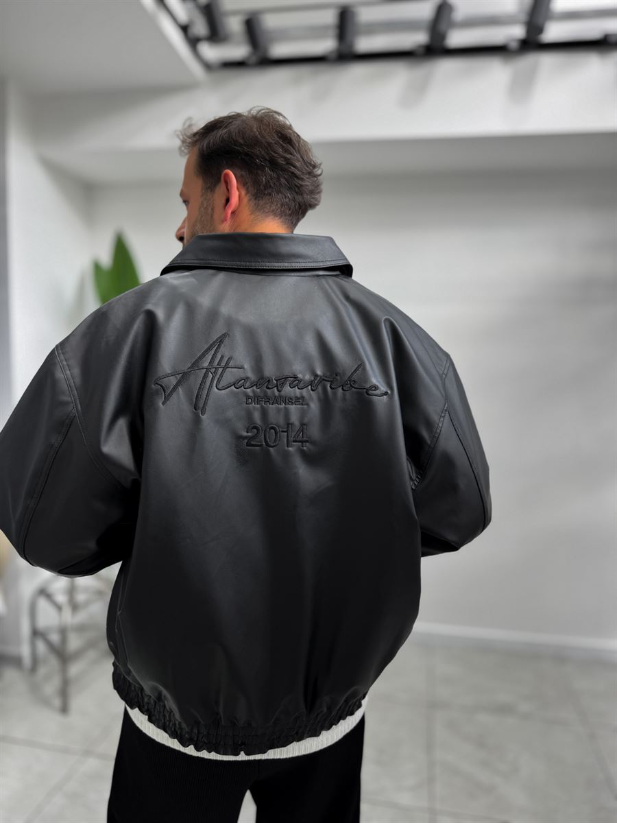 Black Back Embroidered Leather Bomber Jacket DF-3525