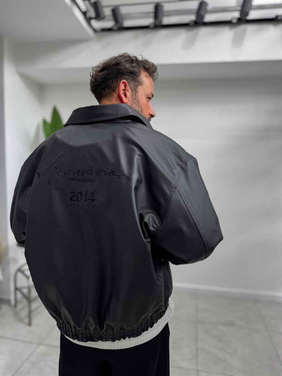 Black Back Embroidered Leather Bomber Jacket DF-3525