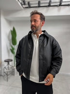 Black Back Embroidered Leather Bomber Jacket DF-3525
