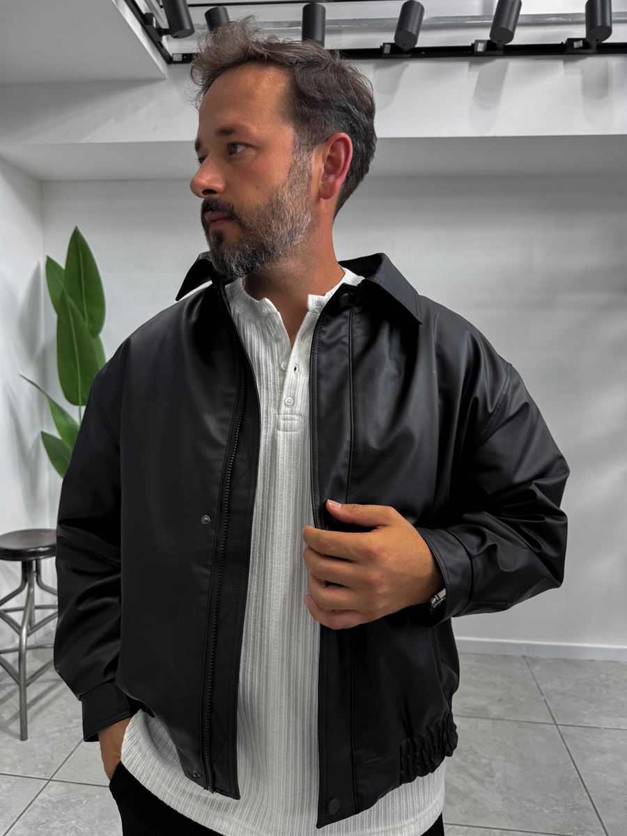 Black Back Embroidered Leather Bomber Jacket DF-3525
