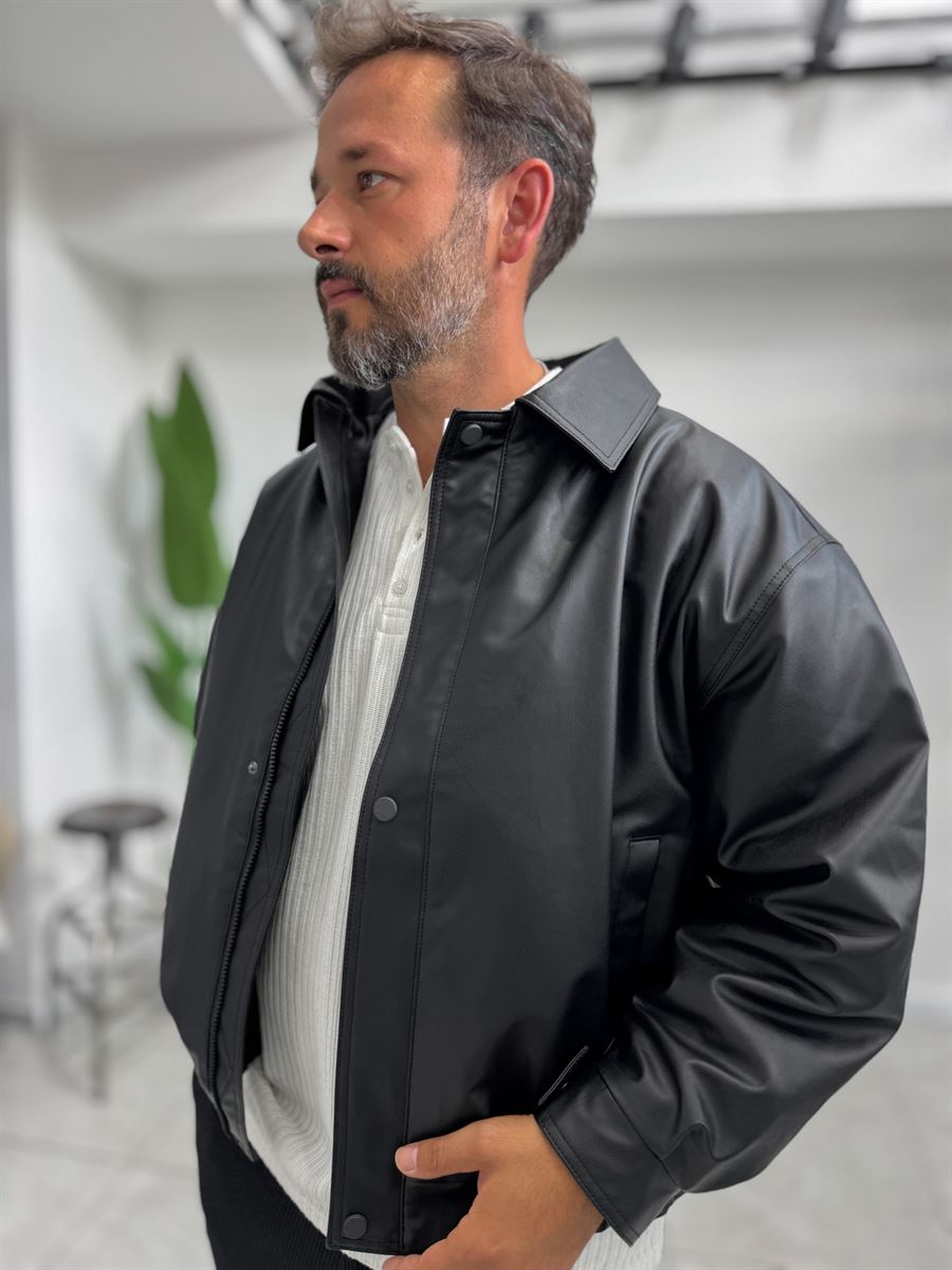 Black Back Embroidered Leather Bomber Jacket DF-3525