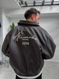Brown Back Embroidered Leather Bomber Jacket DF-3525