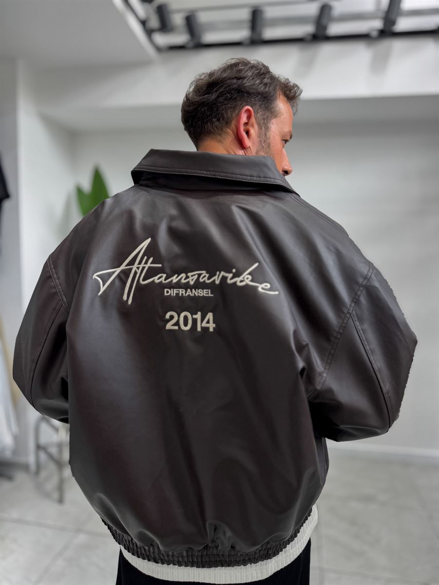 Brown Back Embroidered Leather Bomber Jacket DF-3525