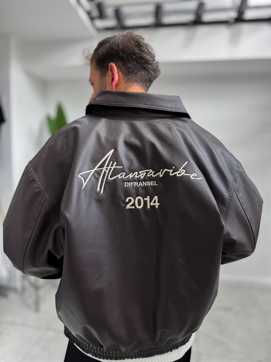 Brown Back Embroidered Leather Bomber Jacket DF-3525