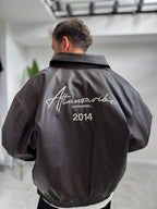 Brown Back Embroidered Leather Bomber Jacket DF-3525