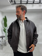 Brown Back Embroidered Leather Bomber Jacket DF-3525
