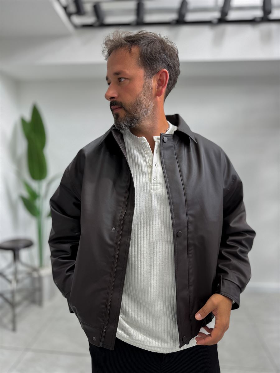 Brown Back Embroidered Leather Bomber Jacket DF-3525