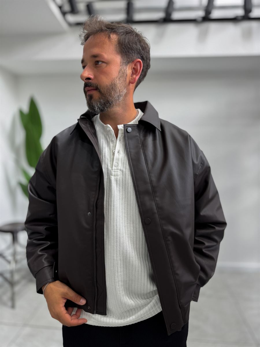 Brown Back Embroidered Leather Bomber Jacket DF-3525