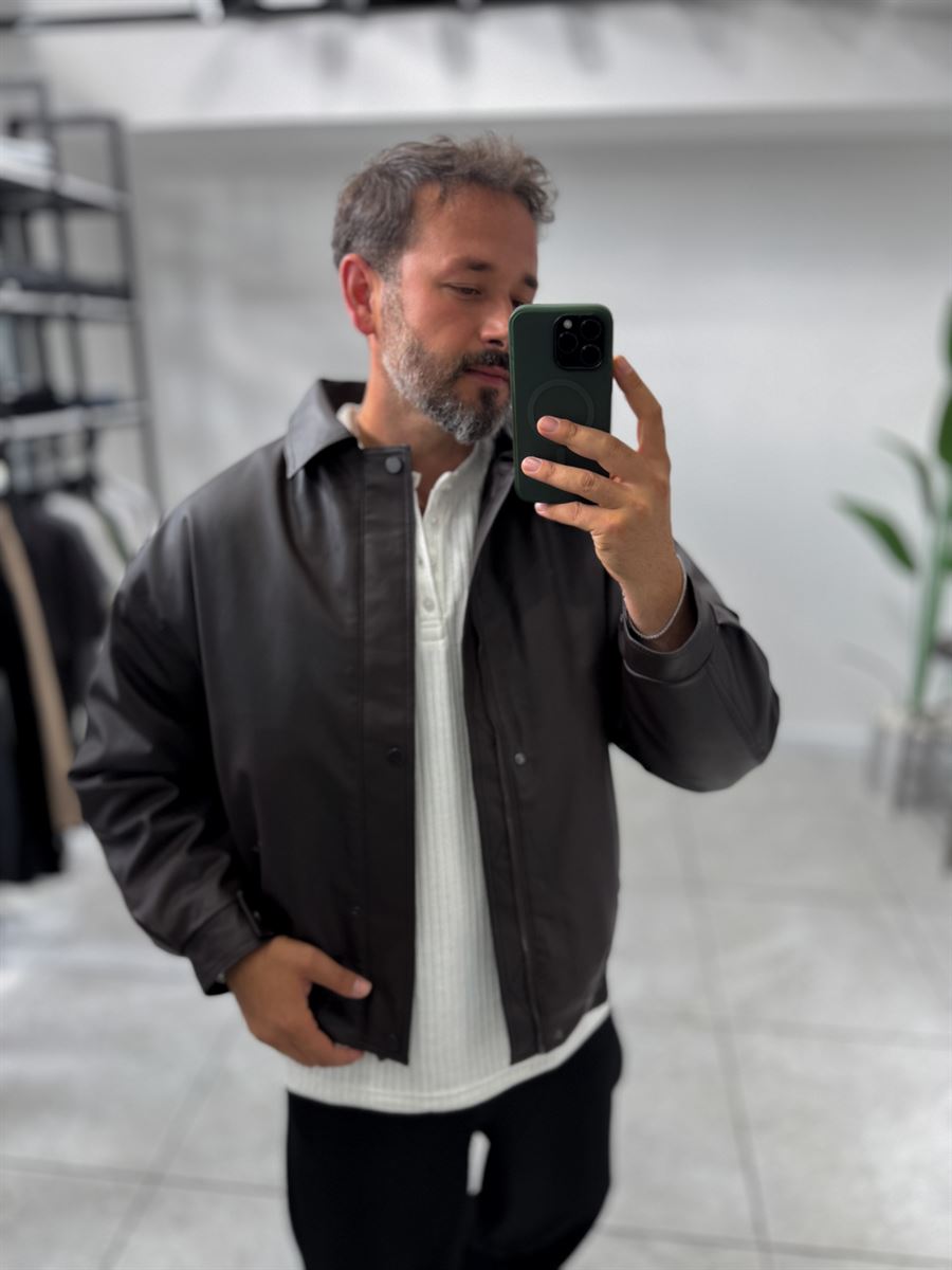 Brown Back Embroidered Leather Bomber Jacket DF-3525