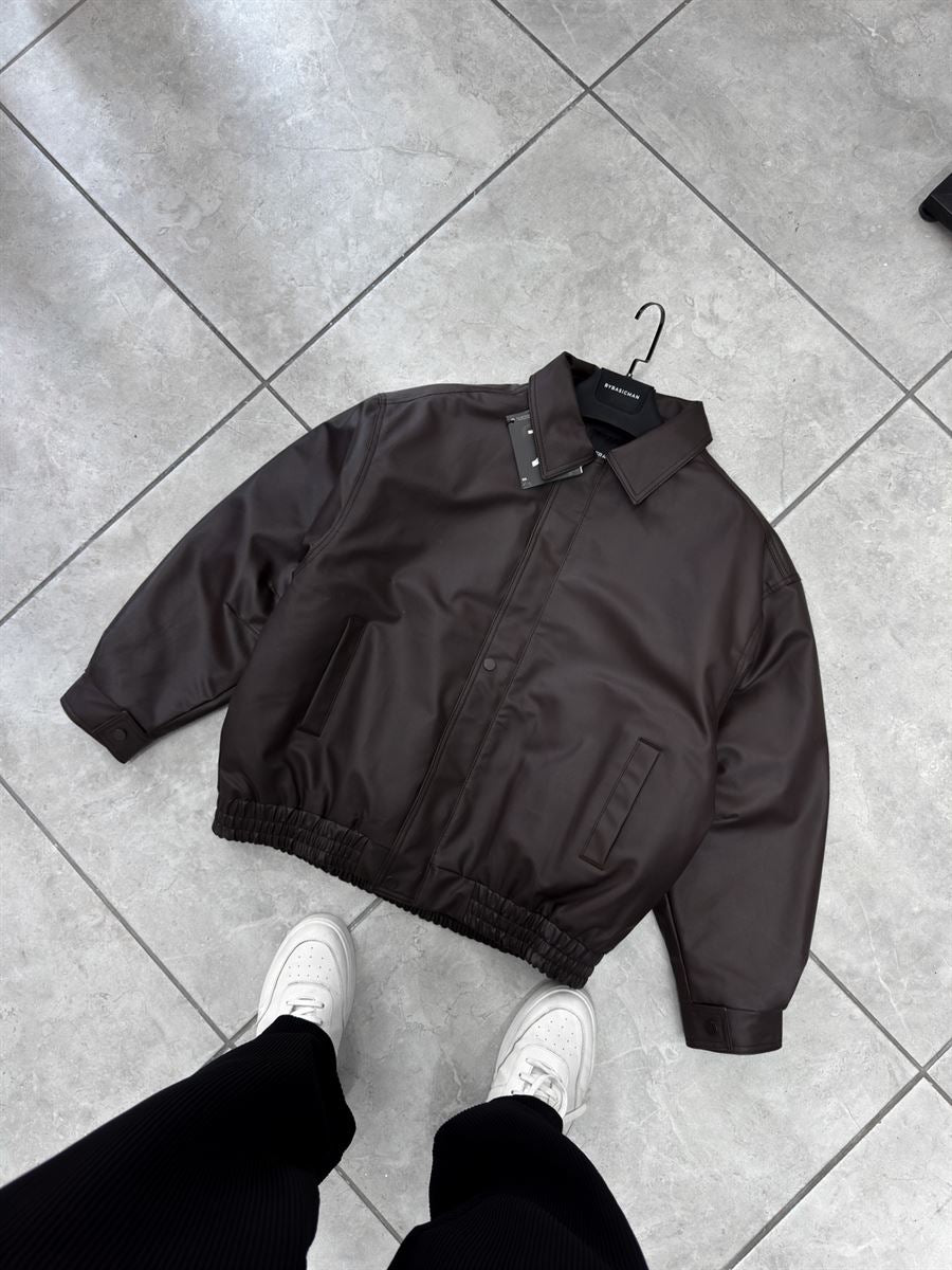 Brown Back Embroidered Leather Bomber Jacket DF-3525