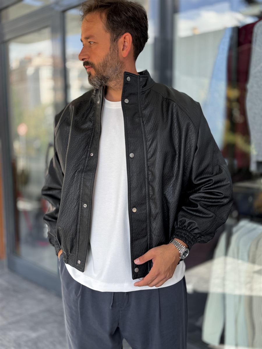 Black Textured Leather Bomber Jacket DF-3419/3497