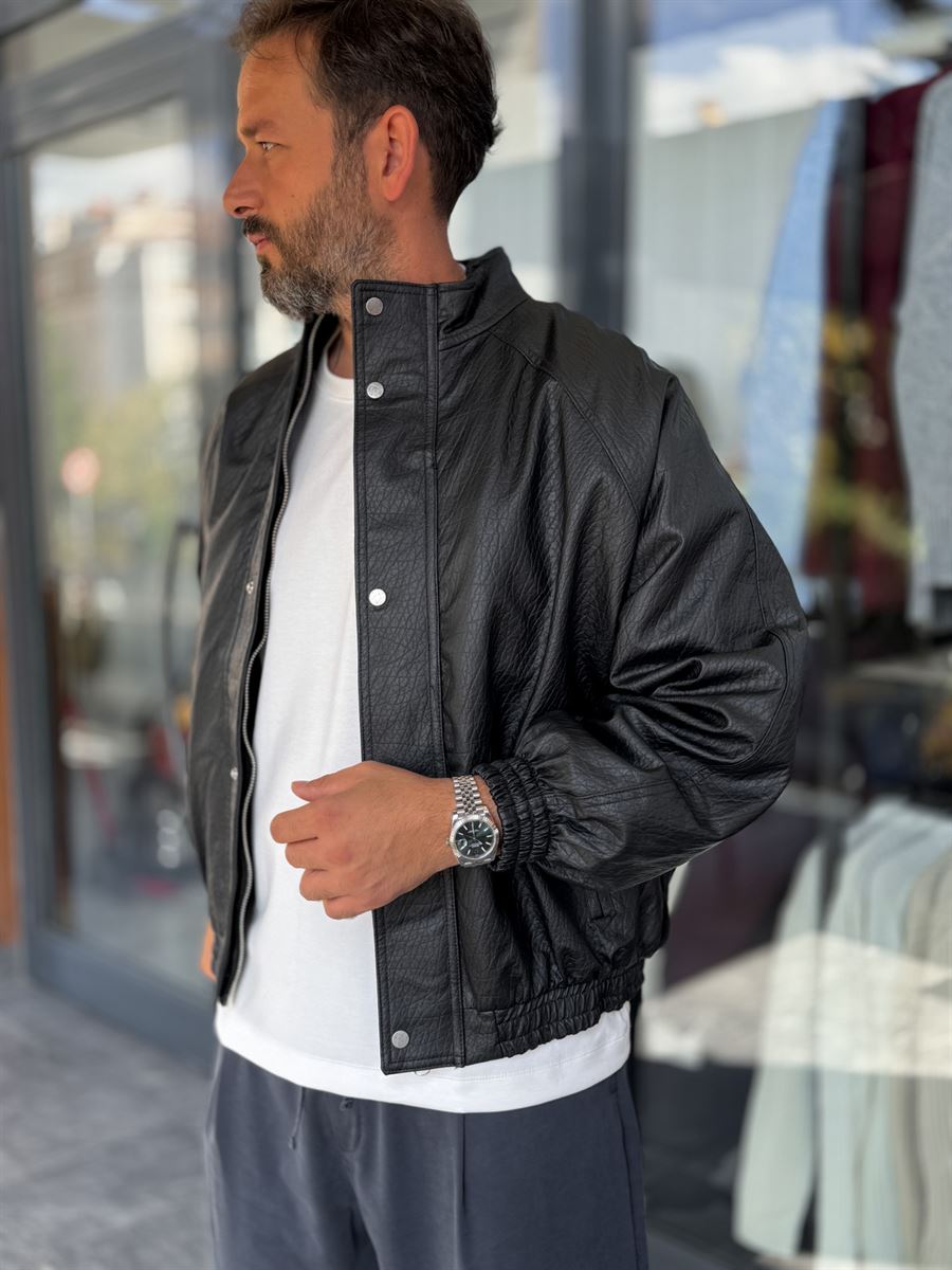 Black Textured Leather Bomber Jacket DF-3419/3497