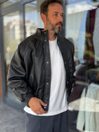 Black Textured Leather Bomber Jacket DF-3419/3497