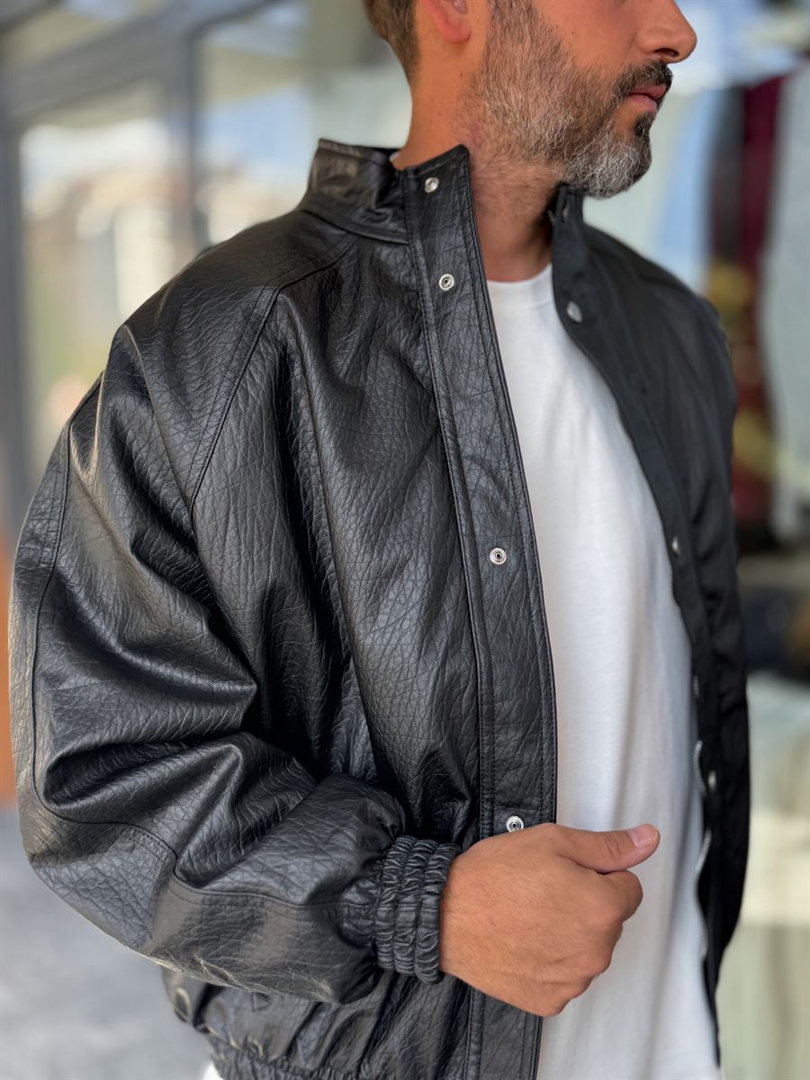 Black Textured Leather Bomber Jacket DF-3419/3497