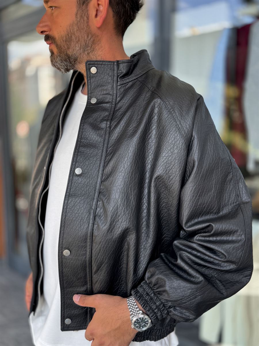 Black Textured Leather Bomber Jacket DF-3419/3497