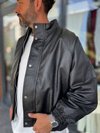 Black Textured Leather Bomber Jacket DF-3419/3497