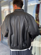 Black Textured Leather Bomber Jacket DF-3419/3497
