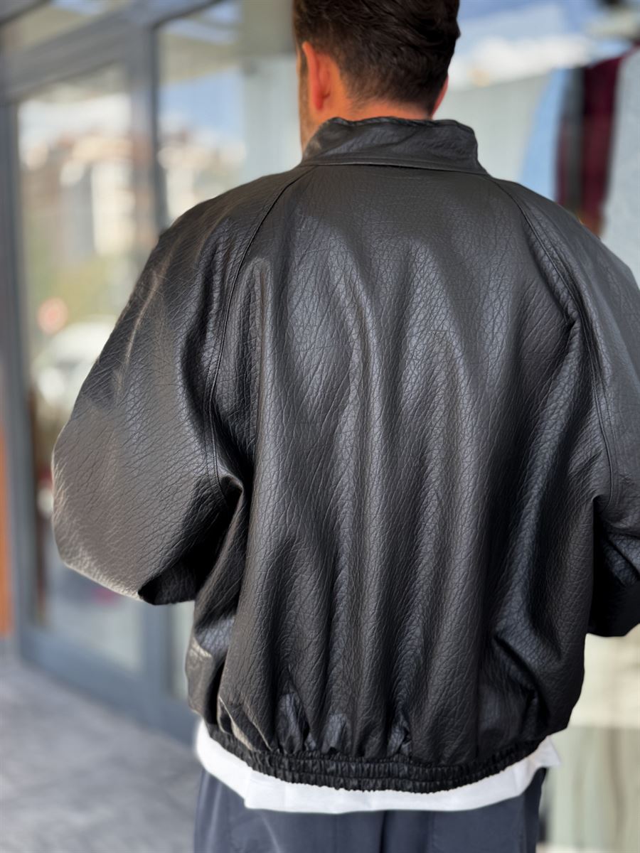 Black Textured Leather Bomber Jacket DF-3419/3497
