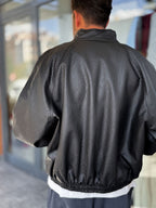 Black Textured Leather Bomber Jacket DF-3419/3497