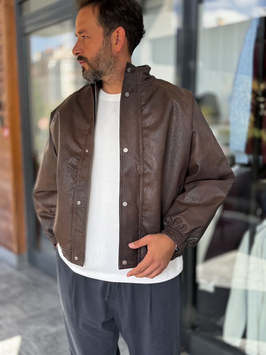 Brown Textured Leather Bomber Jacket DF-3419/3497