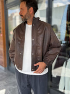 Brown Textured Leather Bomber Jacket DF-3419/3497