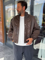 Brown Textured Leather Bomber Jacket DF-3419/3497