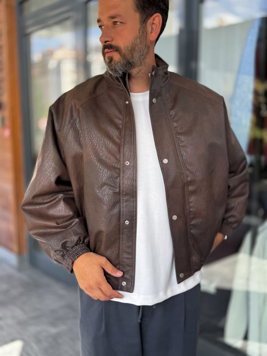 Brown Textured Leather Bomber Jacket DF-3419/3497
