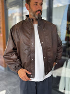 Brown Textured Leather Bomber Jacket DF-3419/3497