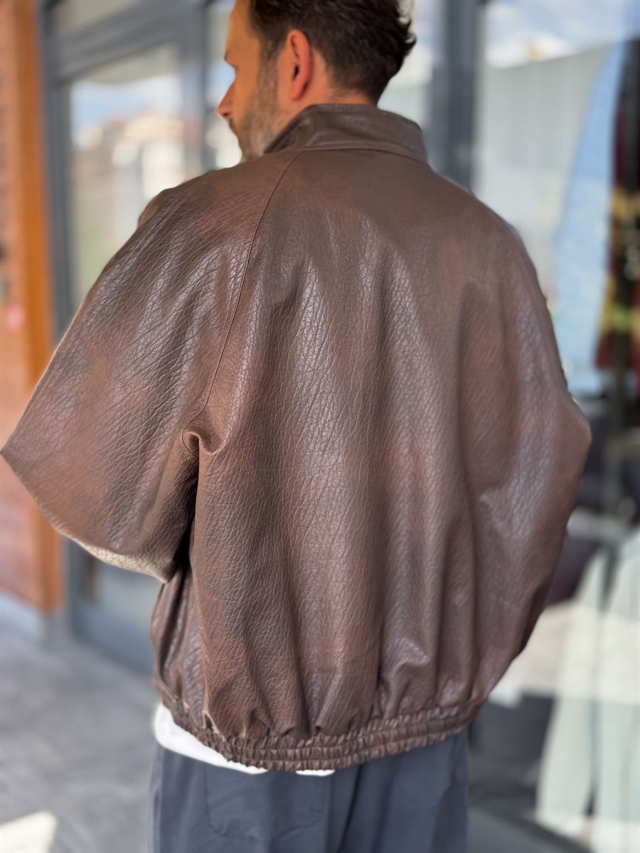 Brown Textured Leather Bomber Jacket DF-3419/3497