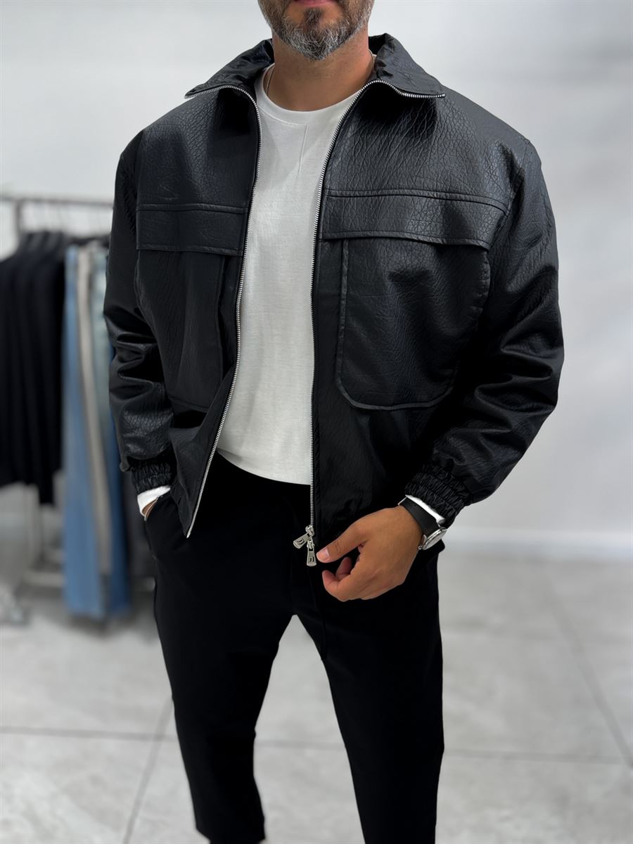 Black Textured Leather Bomber Jacket with Pockets DF-3483