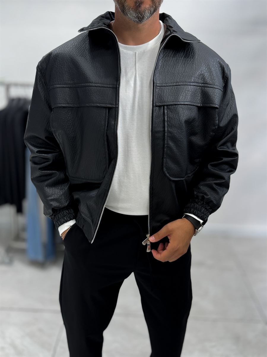 Black Textured Leather Bomber Jacket with Pockets DF-3483