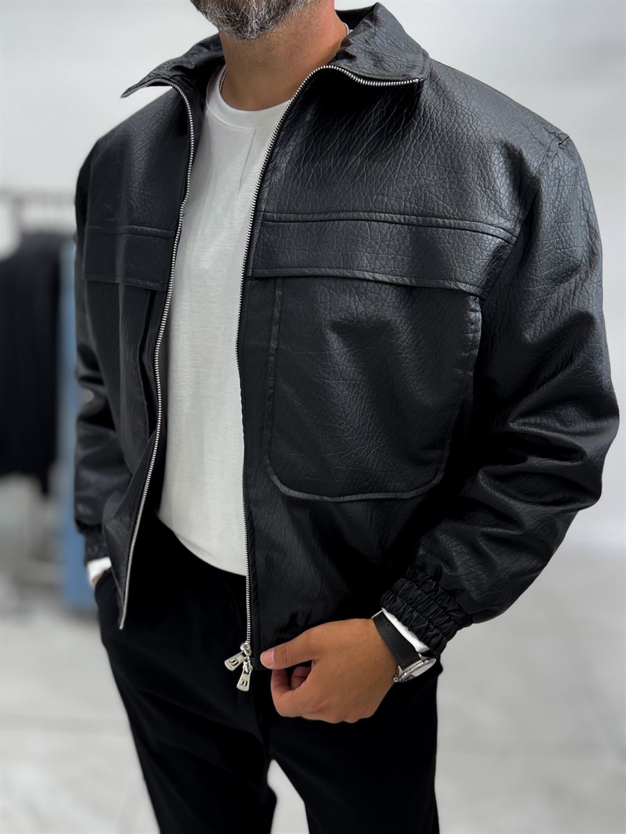 Black Textured Leather Bomber Jacket with Pockets DF-3483