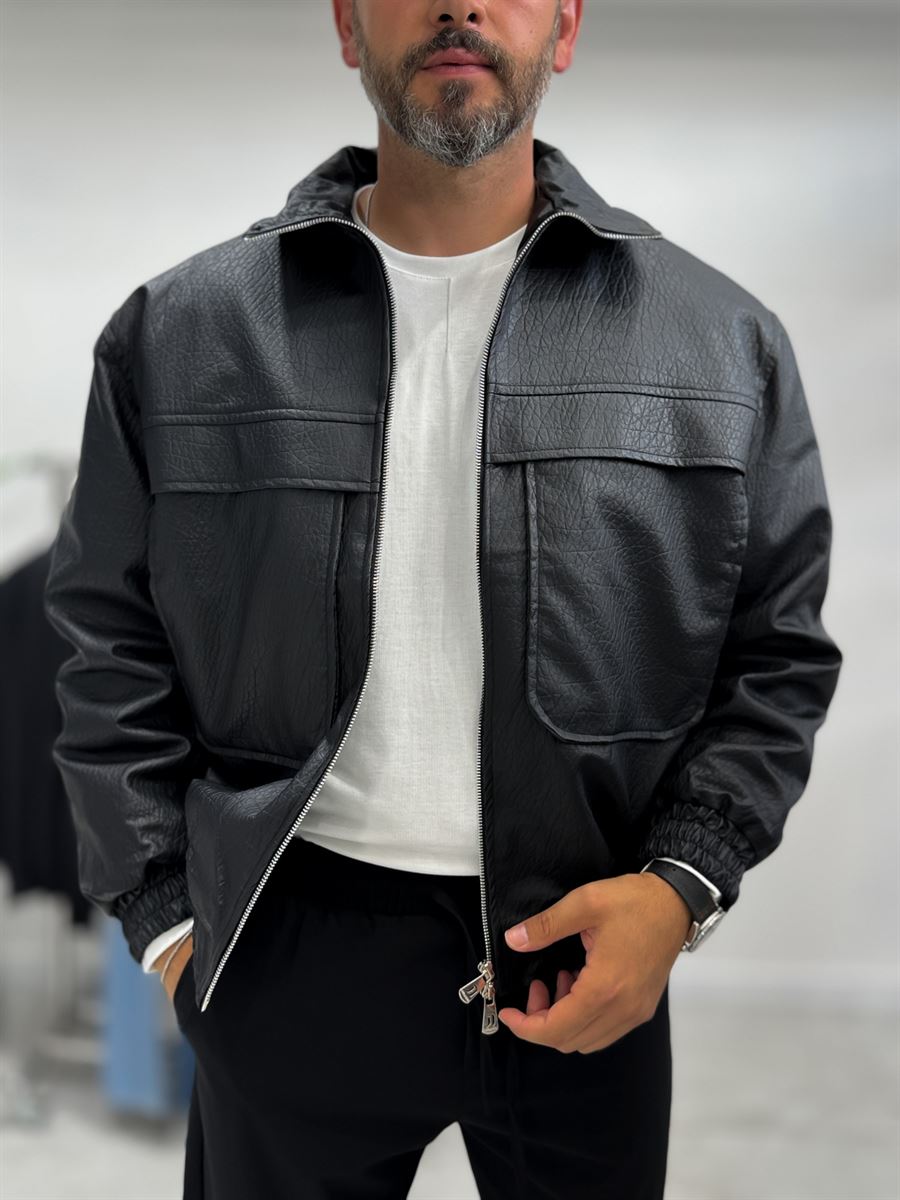 Black Textured Leather Bomber Jacket with Pockets DF-3483