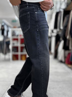 Black Stitched Washed Baggy Jeans WE-3338