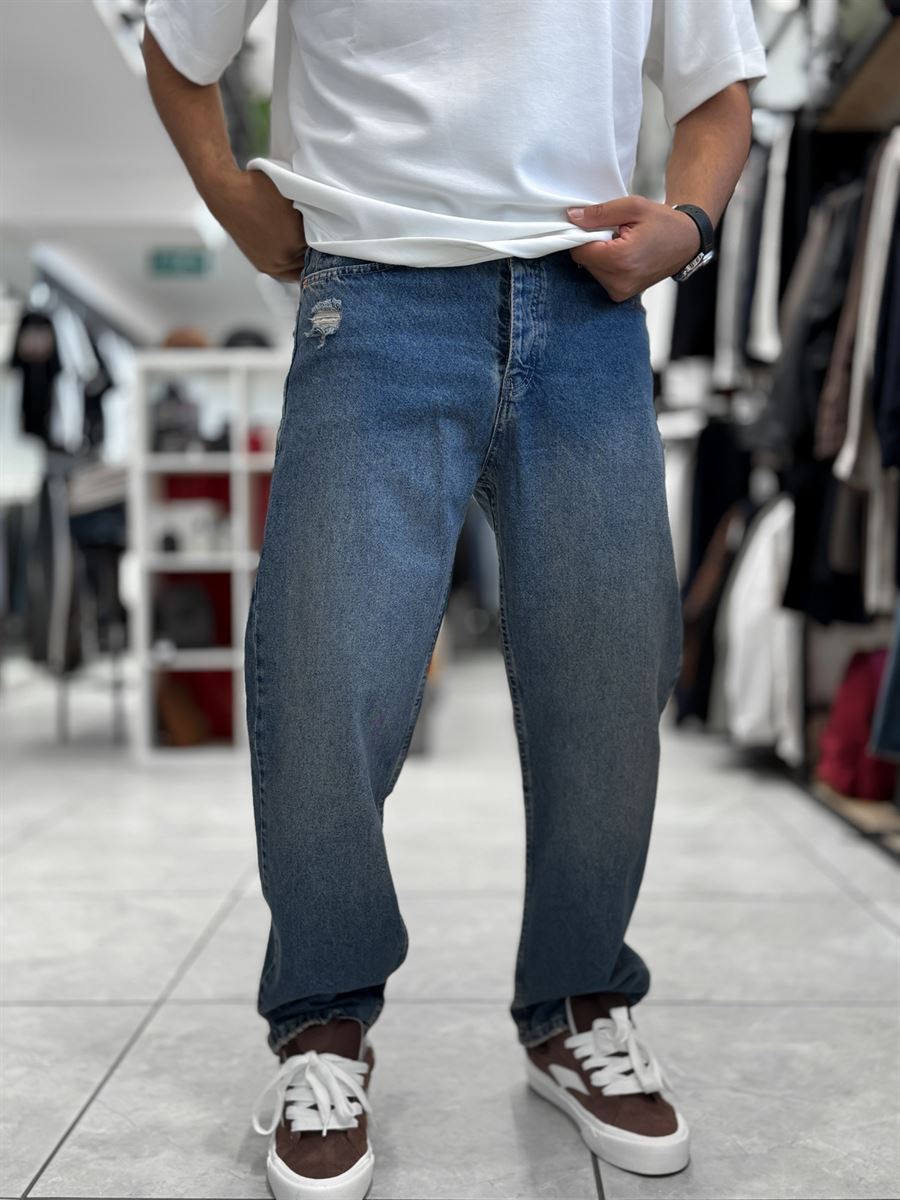 Blue Pocket Ripped Baggy Jeans WE-3298