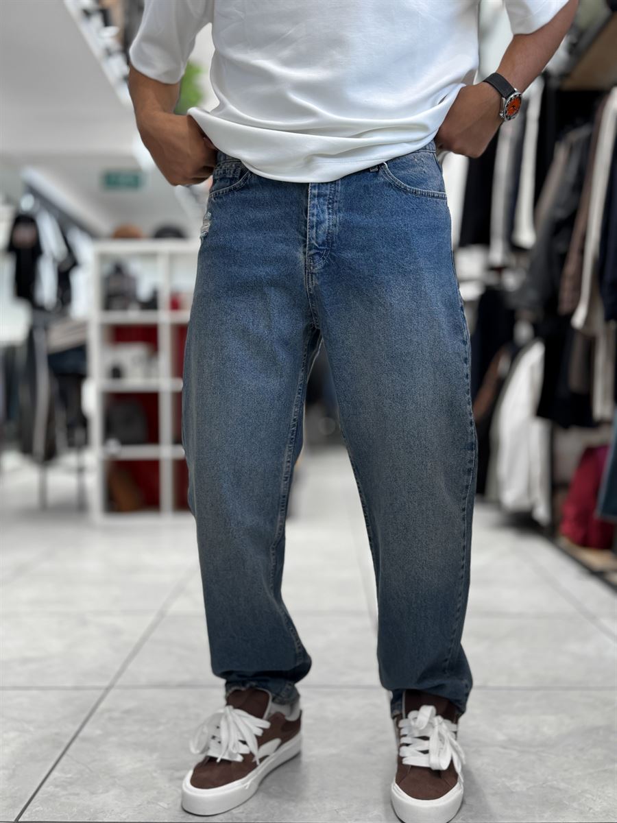 Blue Pocket Ripped Baggy Jeans WE-3298