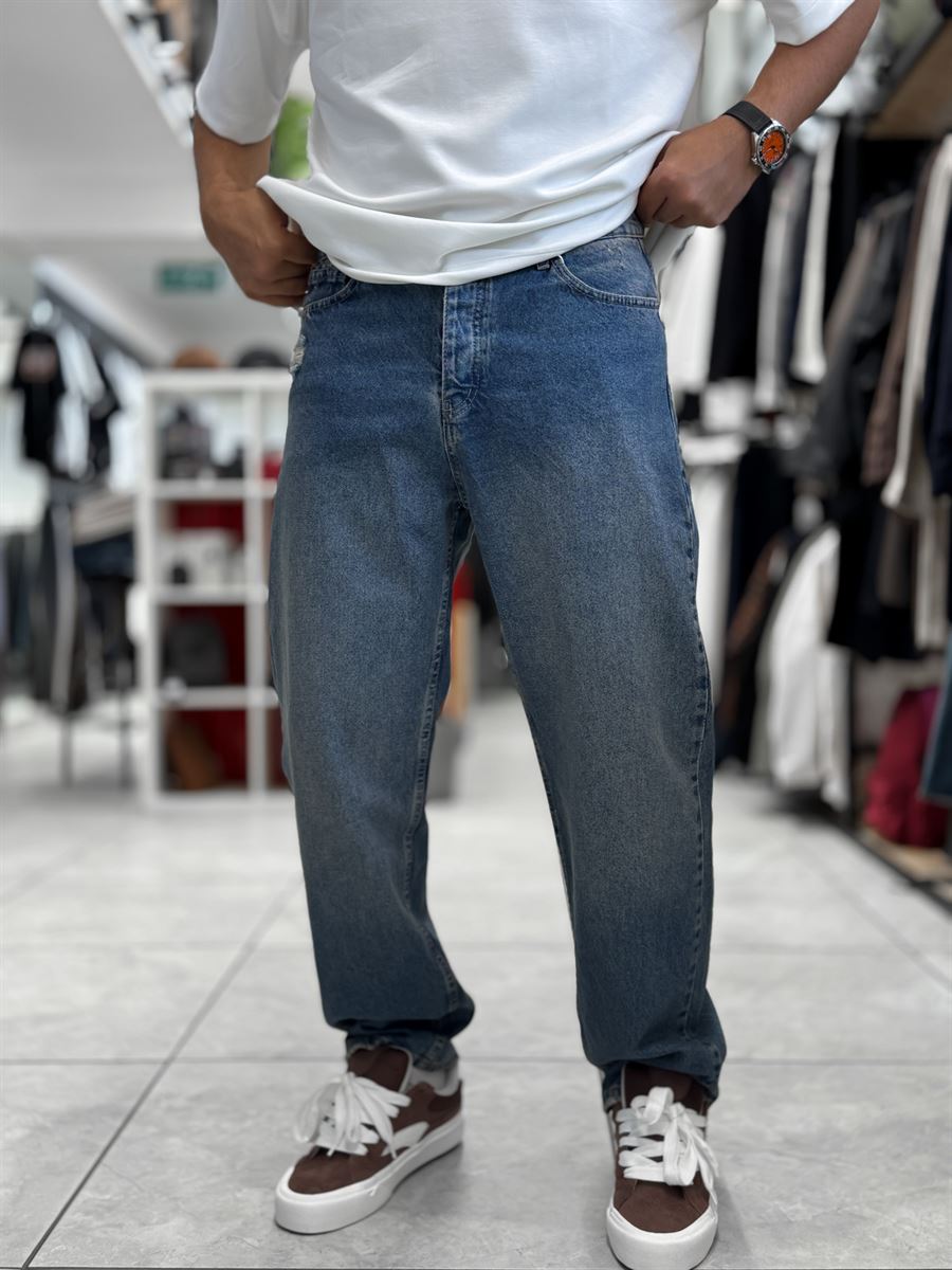 Blue Pocket Ripped Baggy Jeans WE-3298