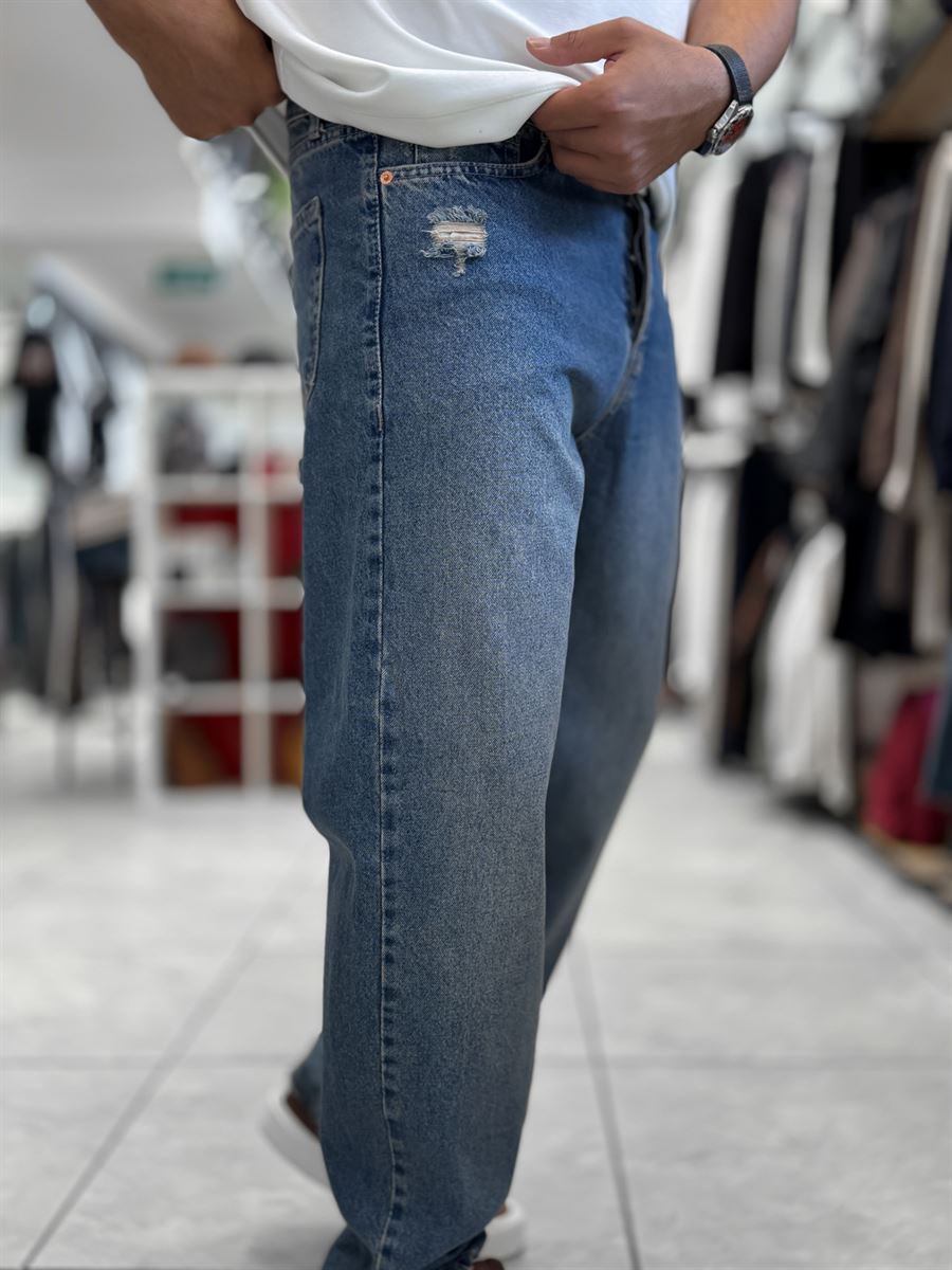 Blue Pocket Ripped Baggy Jeans WE-3298