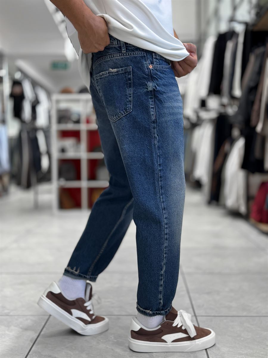 Blue Hem Ripped Effect Boyfriend Jeans WE-2881