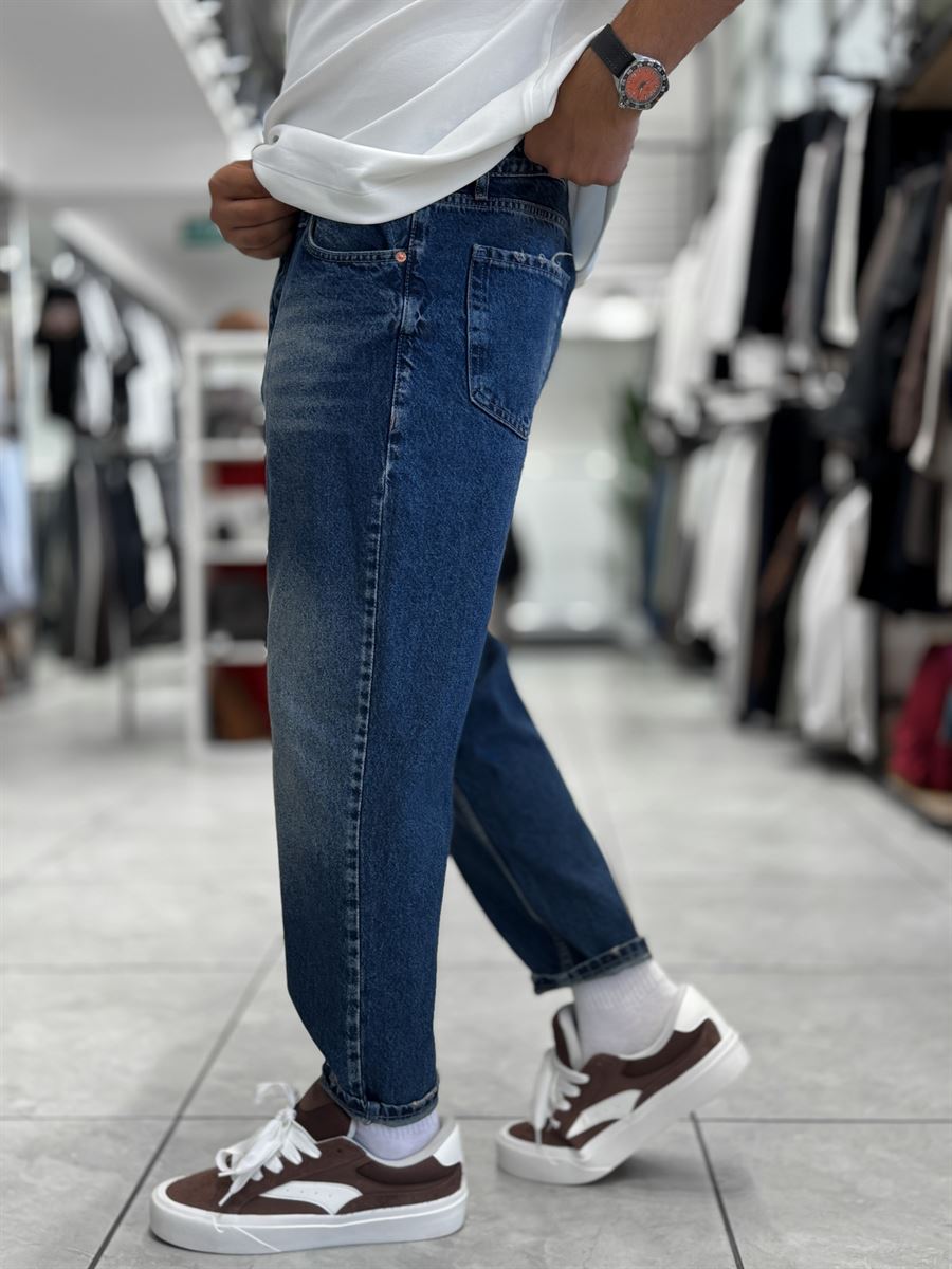 Blue Hem Ripped Effect Boyfriend Jeans WE-2881