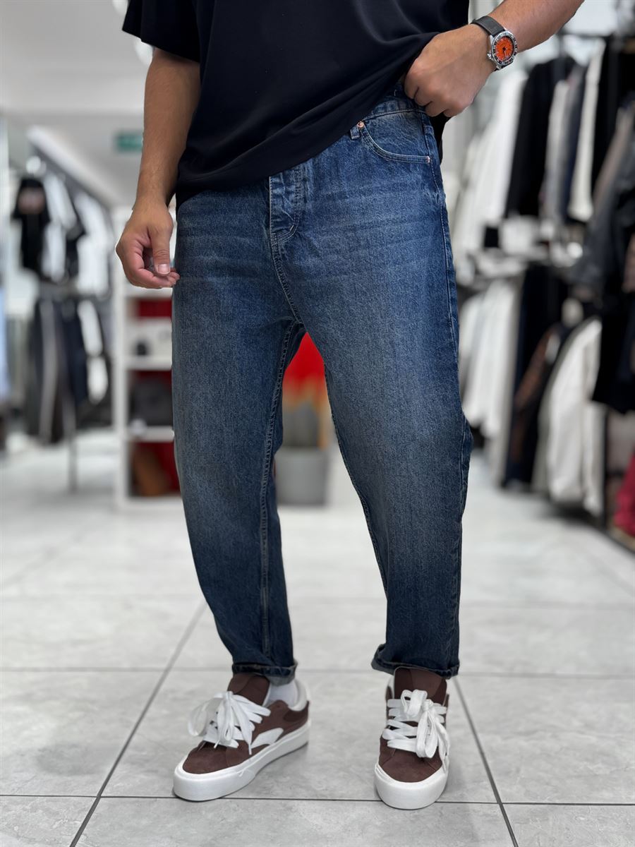 Dark Blue Hem Ripped Effect Boyfriend Jeans WE-2881