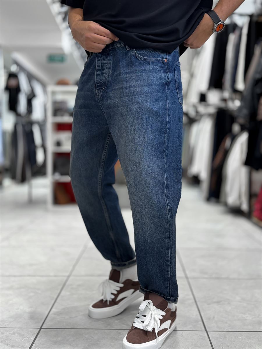 Dark Blue Hem Ripped Effect Boyfriend Jeans WE-2881