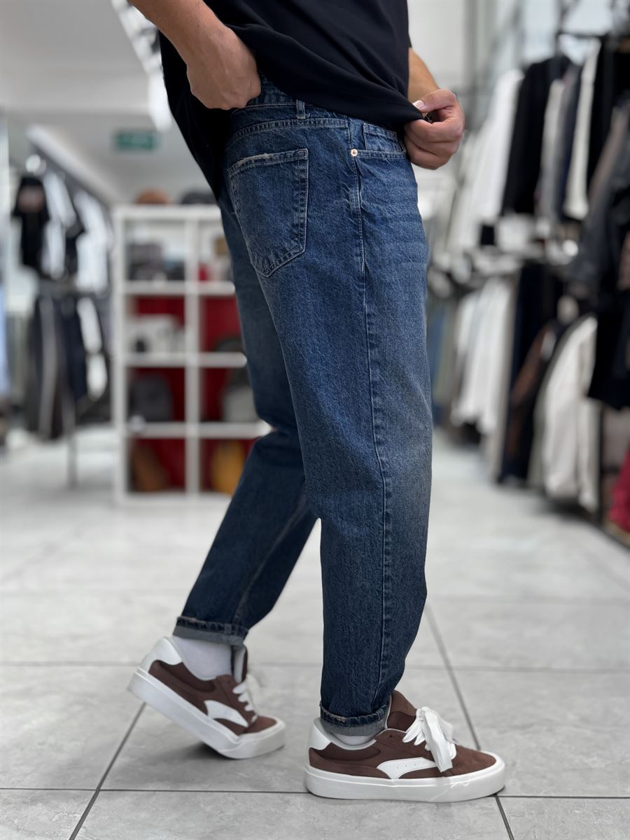 Dark Blue Hem Ripped Effect Boyfriend Jeans WE-2881