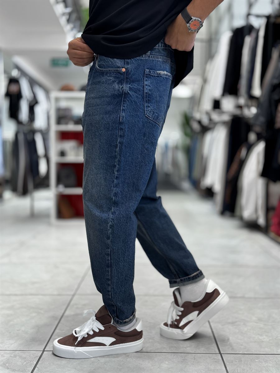 Dark Blue Hem Ripped Effect Boyfriend Jeans WE-2881