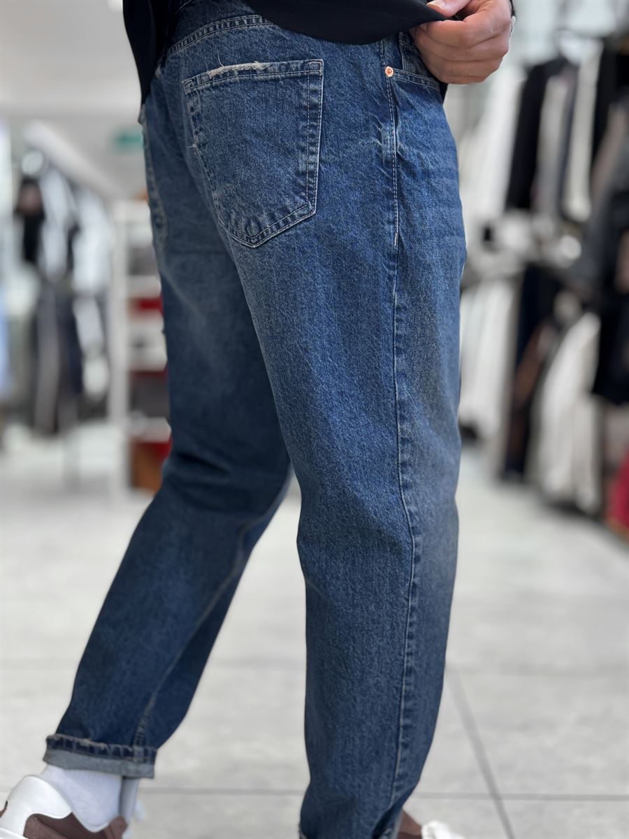 Dark Blue Hem Ripped Effect Boyfriend Jeans WE-2881