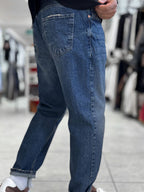Dark Blue Hem Ripped Effect Boyfriend Jeans WE-2881