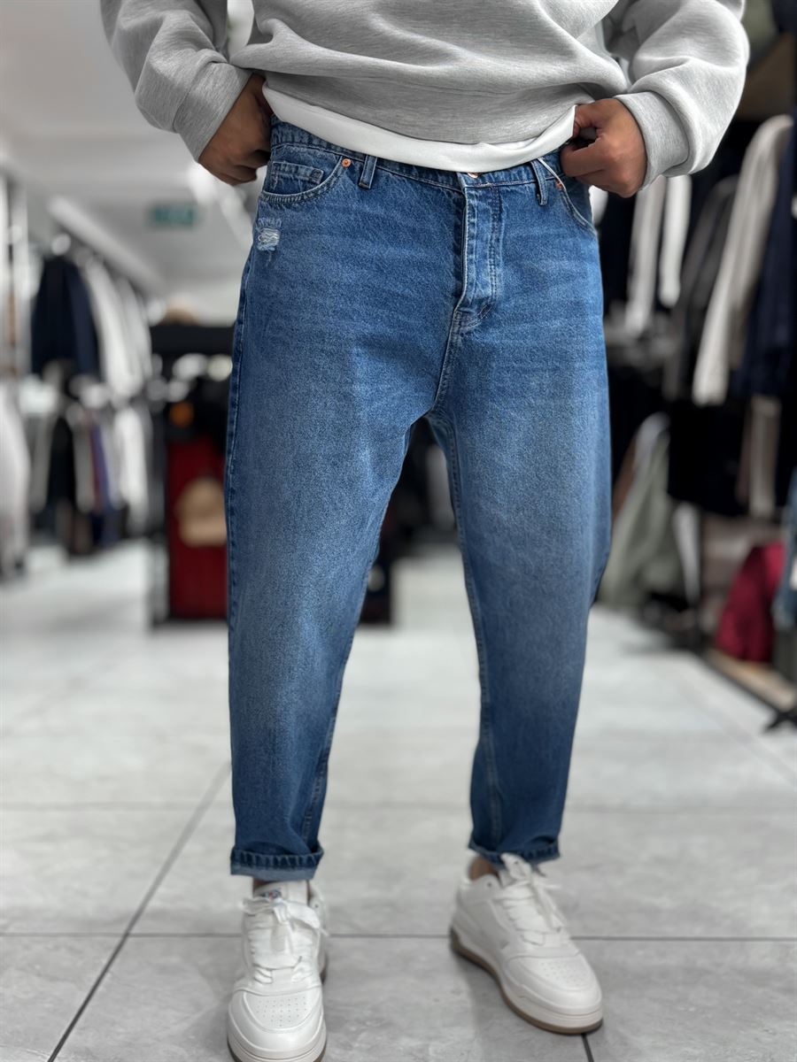 Blue Pocket Ripped Boyfriend Jeans WE-2909