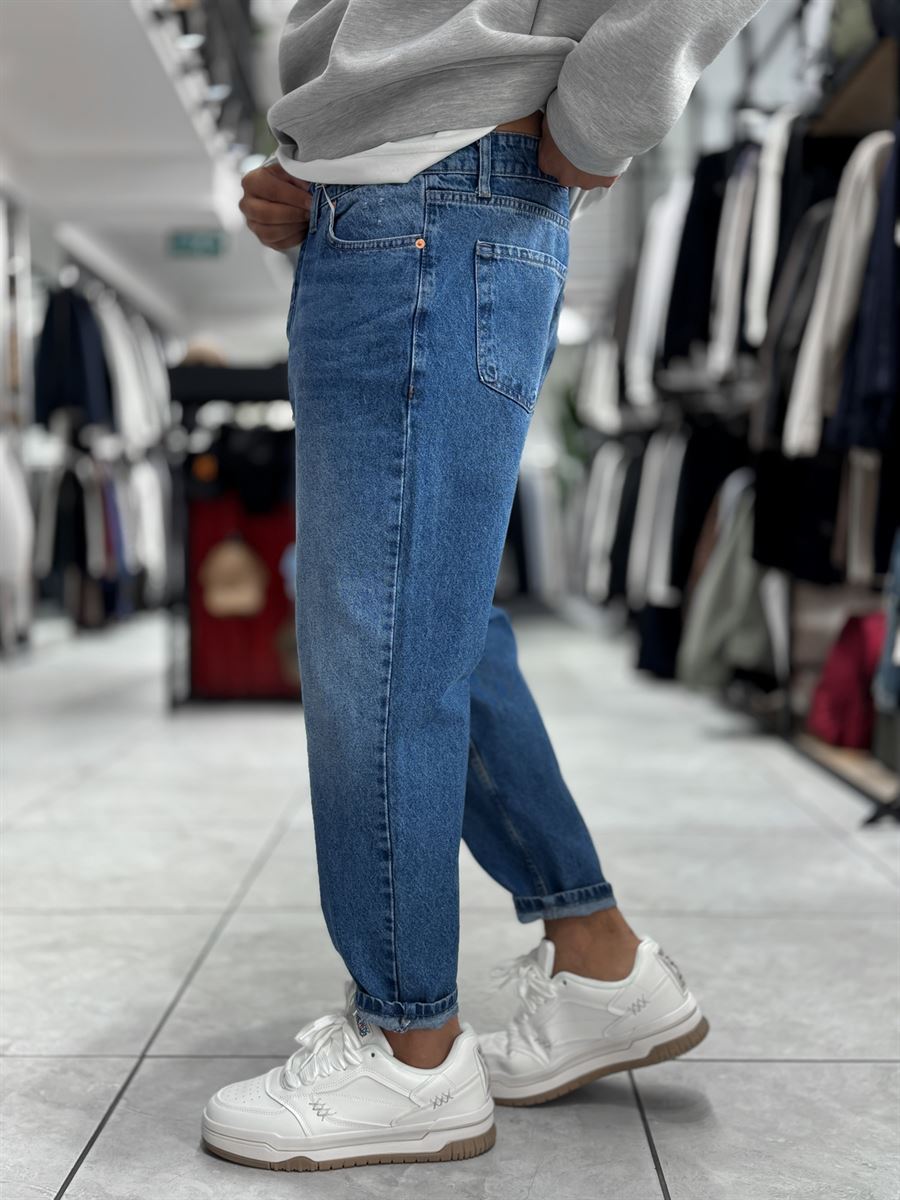 Blue Pocket Ripped Boyfriend Jeans WE-2909